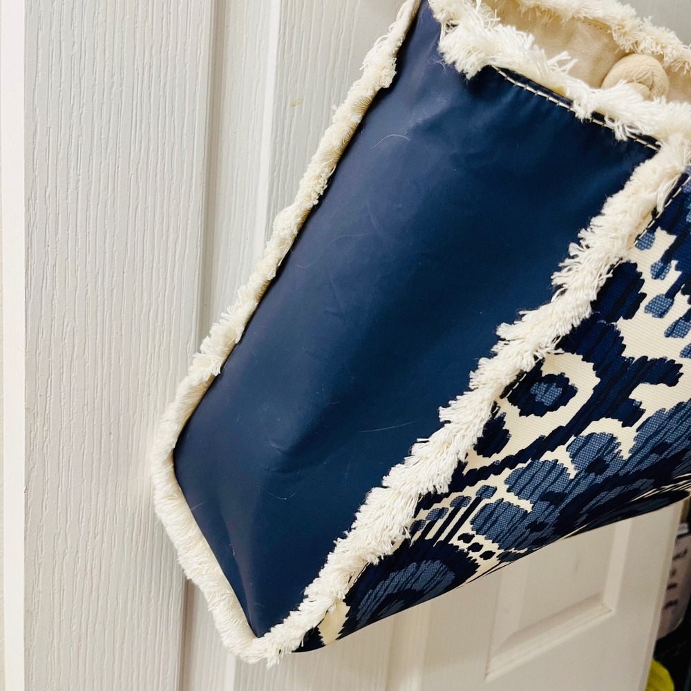 Spartina 449 Moonglade Boho Beach Tote Blue White Ikat Fringe 960675 Rope Straps - Picture 7 of 14